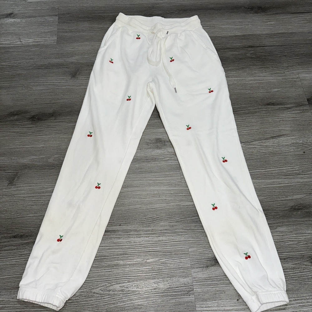 Rails Kingston Cherry Embroidered Joggers Sweatpants White Sz Xs
